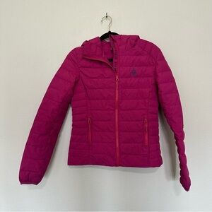 Woods women’s berry pink puffer quilted down hooded jacket size XS extra small